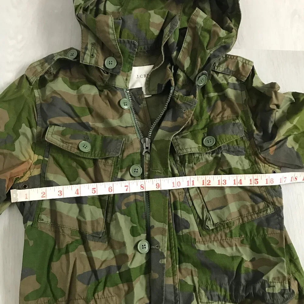J CREW CAMO GREEN  PARKA JACKET GREEN HOODED ZIP BUTTON WOMENS XS